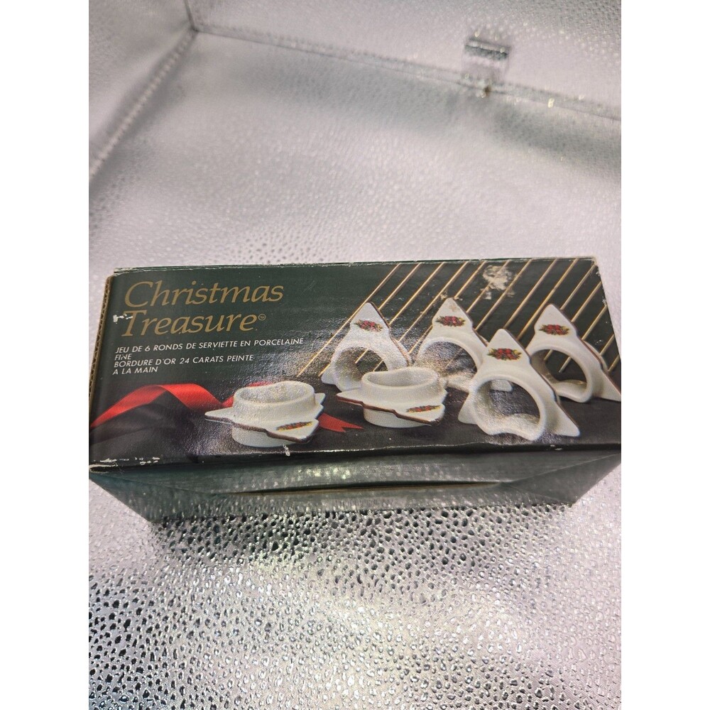 Lot of 6 VTG 1988 Christmas Treasure Fine Porcelain Napkin Rings 24k Gold Trim